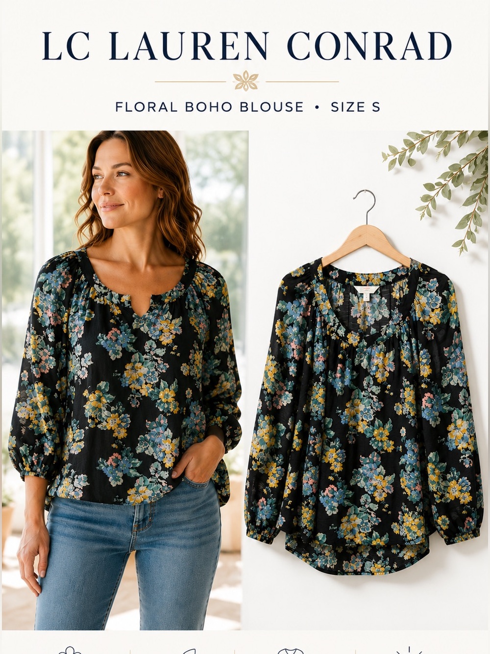 LC Lauren Conrad Floral Boho Blouse Size S Flowy Lightweight Top